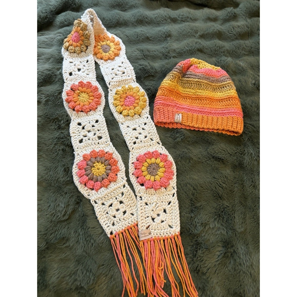 Handmade Ponytail Beanie W/Matching Granny Square Scarf Adult Pink/Orange Boho